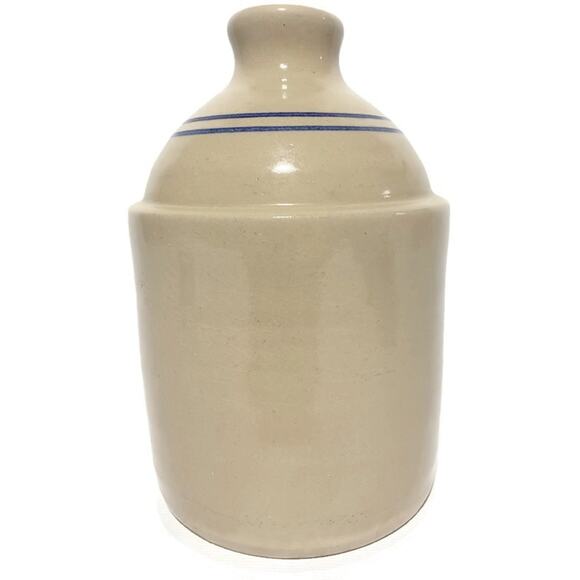 Stoneware Whiskey Jug Crock Beige With Blue Stripes 8.25" Tall - Picture 4 of 6